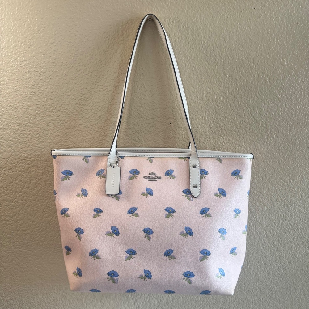 Coach City Zip Tote Light Pink Blue Floral Print Leather Handbag F73203